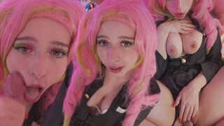 Mitsuri kanroji cosplayben élvezi a fasznak a lyukait és nagyméretű arconlövellést kap